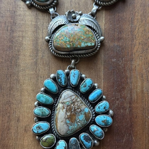 Navajo Sterling Silver Blue Green Royston Turquoise Lariat Cluster Necklace CY - Picture 6 of 12